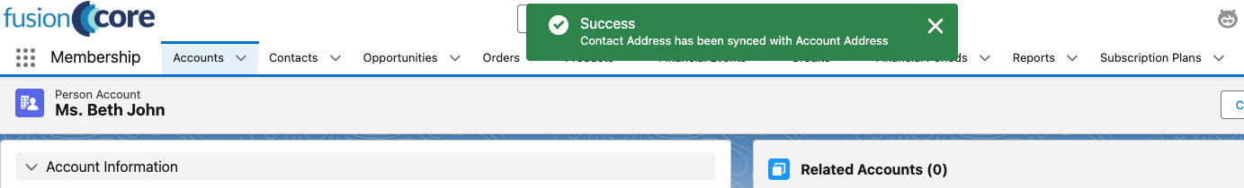 Person Account actions dropdown open, showing the Sync Address Details option.