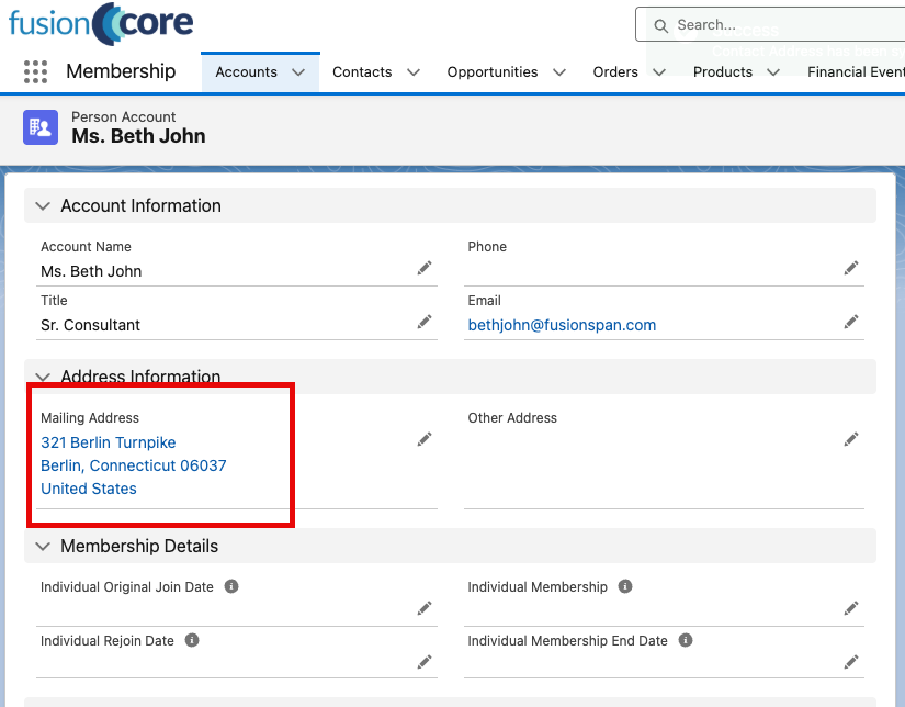 Person Account Address Information section showing the Mailing Address matching the Billing Address.
