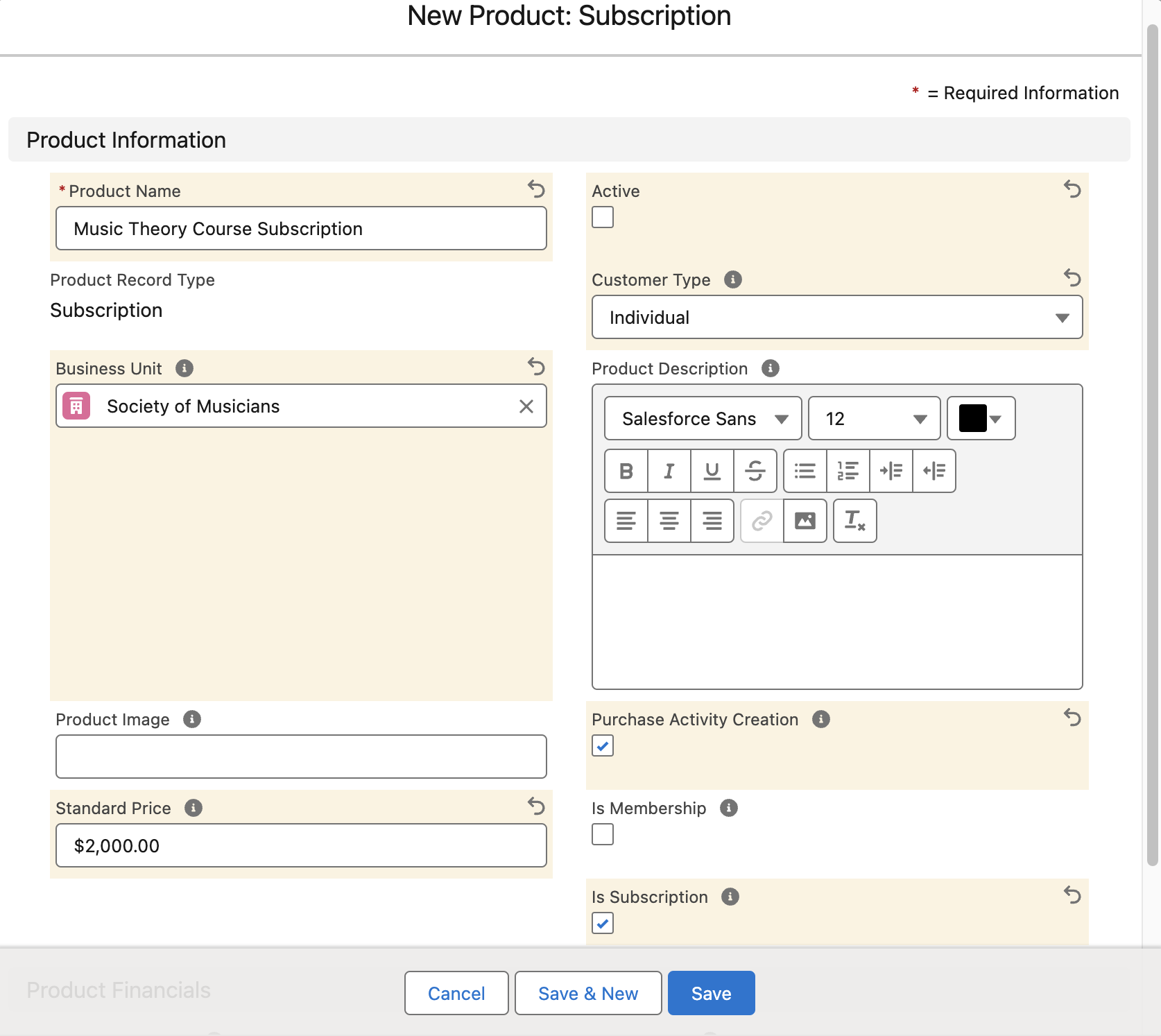 A Subscription Product record with Name, Business Unit, Customer Type, Is Subscription, A/R Account, and Revenue Account filled in