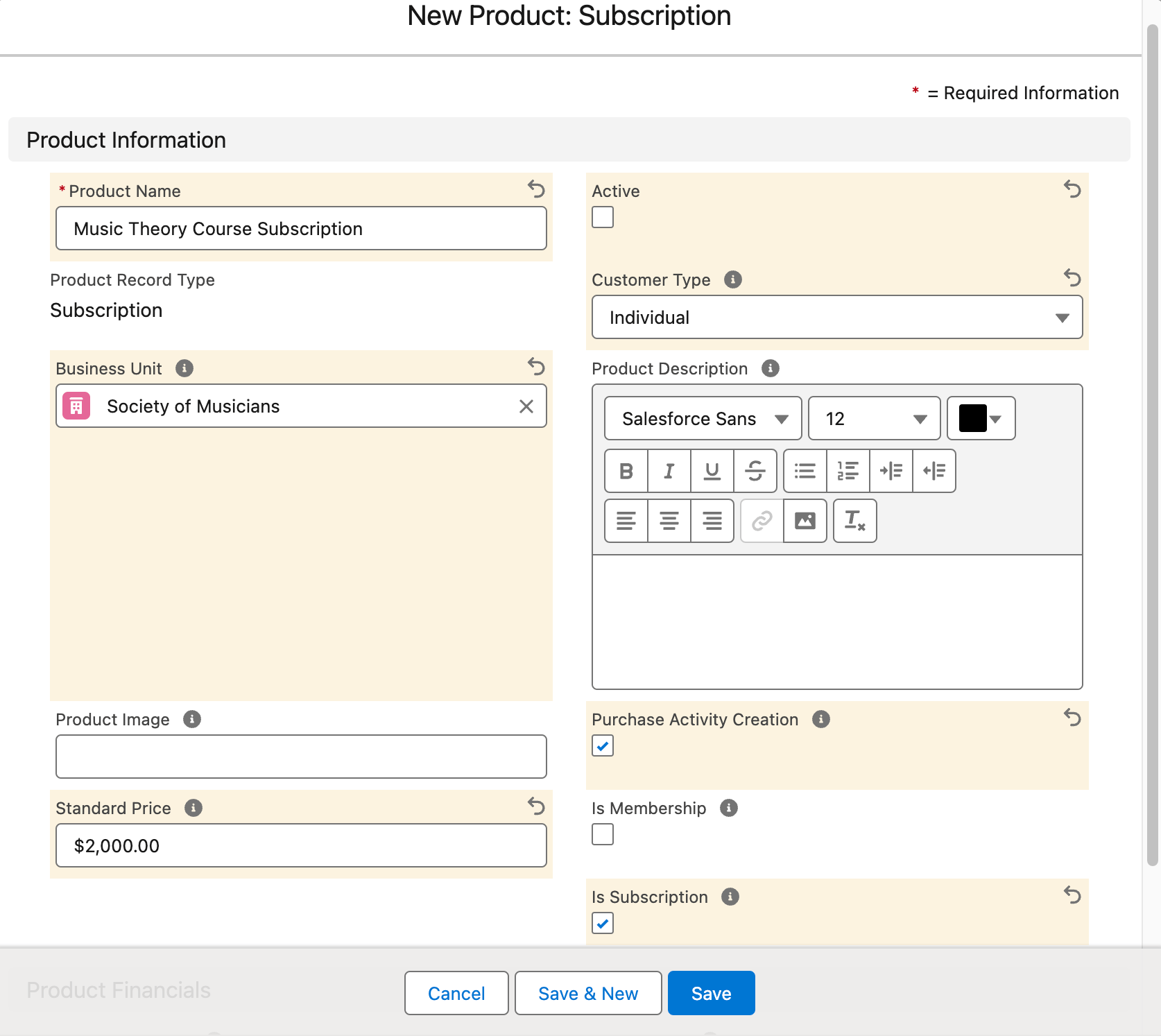 A Subscription Product record with Name, Business Unit, Customer Type, Is Subscription, A/R Account, and Revenue Account filled in