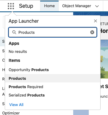 The App Launcher search showing the Products object