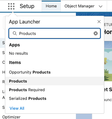 The App Launcher search showing the Products object