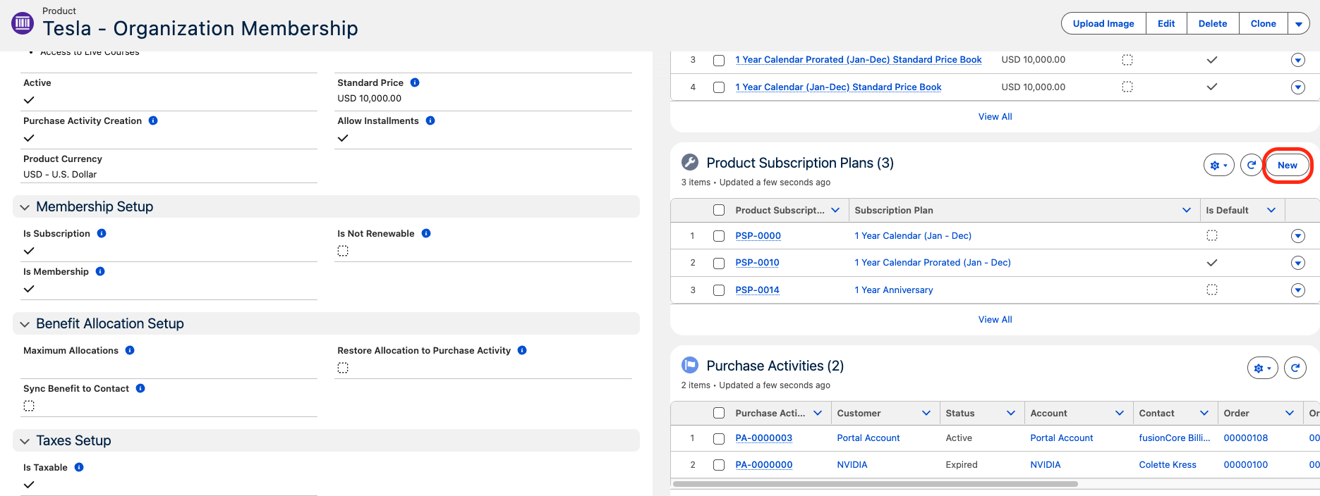 The Product Subscription Plans related list on a Product record with the New button
