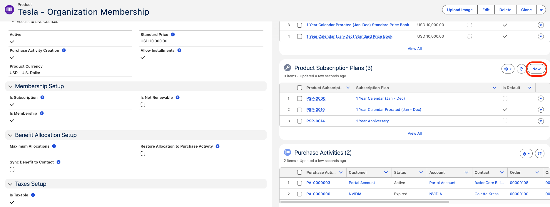 The Product Subscription Plans related list on a Product record with the New button