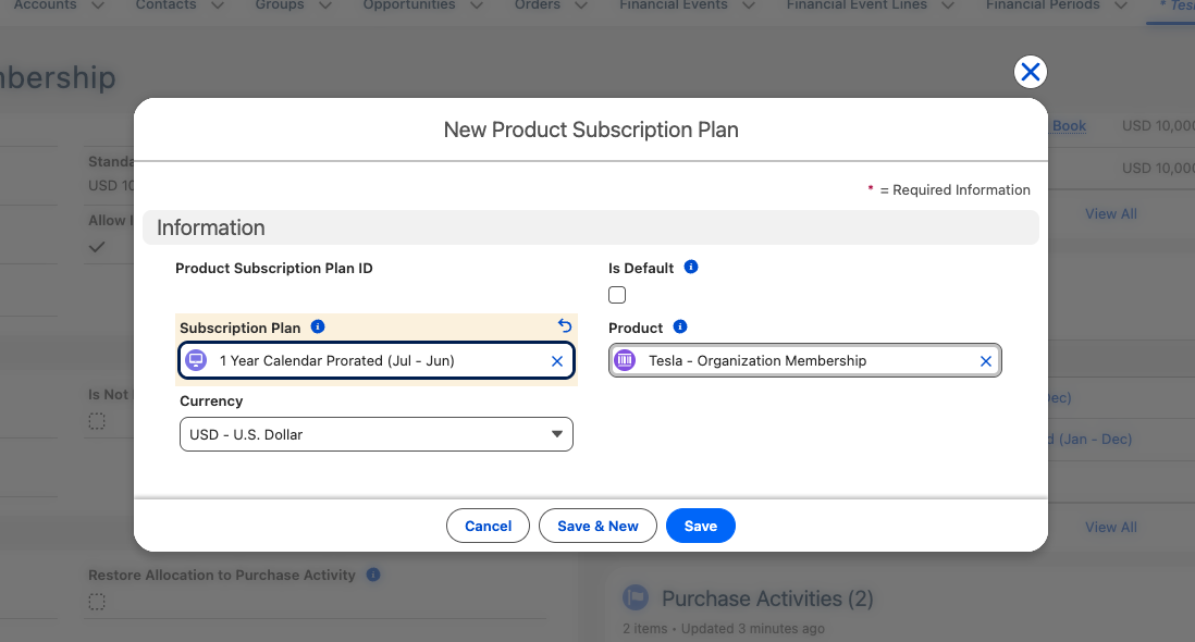 A new Product Subscription Plan record with the Subscription Plan field being set