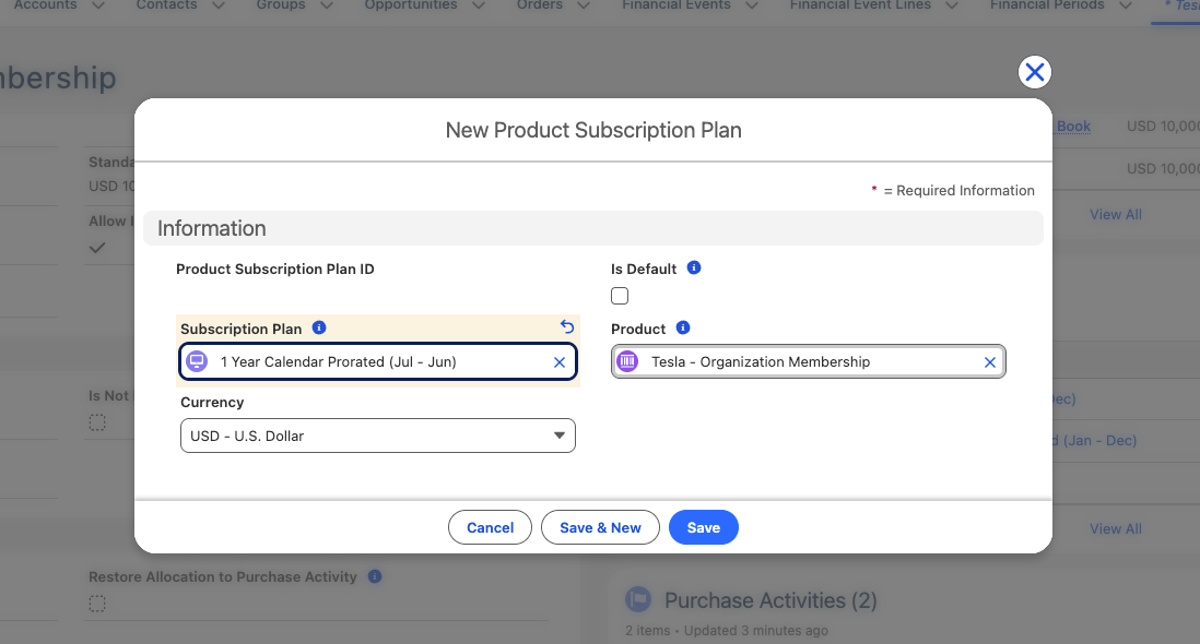 A new Product Subscription Plan record with the Subscription Plan field being set