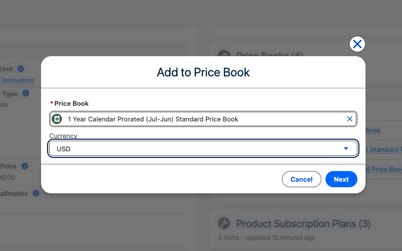 Linking a Subscription Product to the Standard Price Book and other Price Books for the Subscription Plan