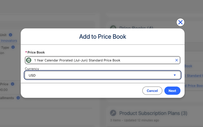 Linking a Subscription Product to the Standard Price Book and other Price Books for the Subscription Plan