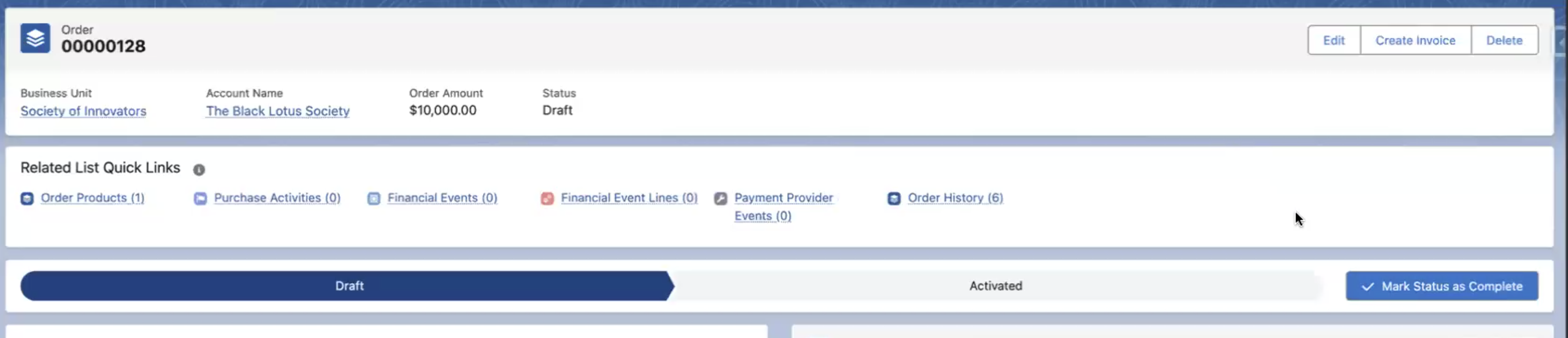 The Order detail page for the renewed subscription