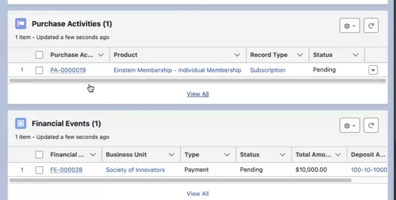 The Order detail page showing the newly created Purchase Activities for the subscription