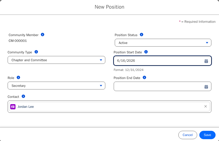 New Community Position form showing the Role, Start Date, and End Date fields.