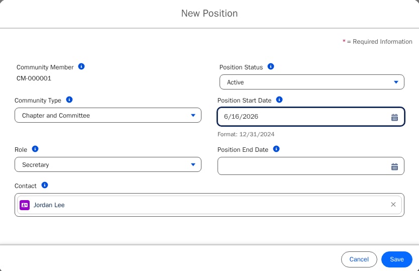 New Community Position form showing the Role, Start Date, and End Date fields.