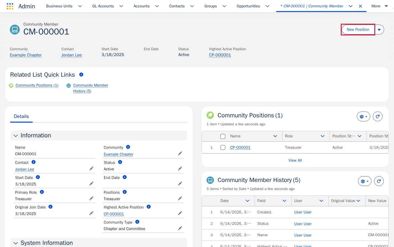 Community Member record page with the New Position action.