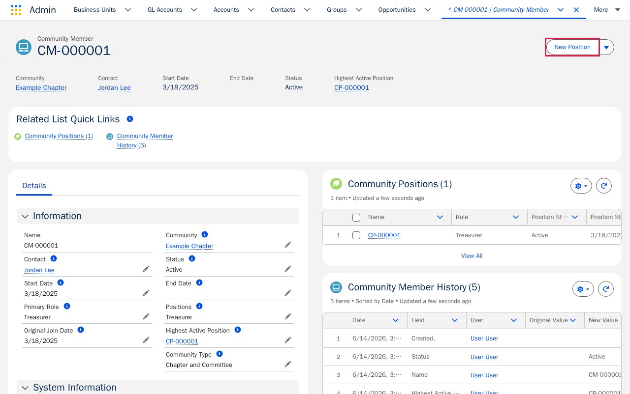 Community Member record page with the New Position action.