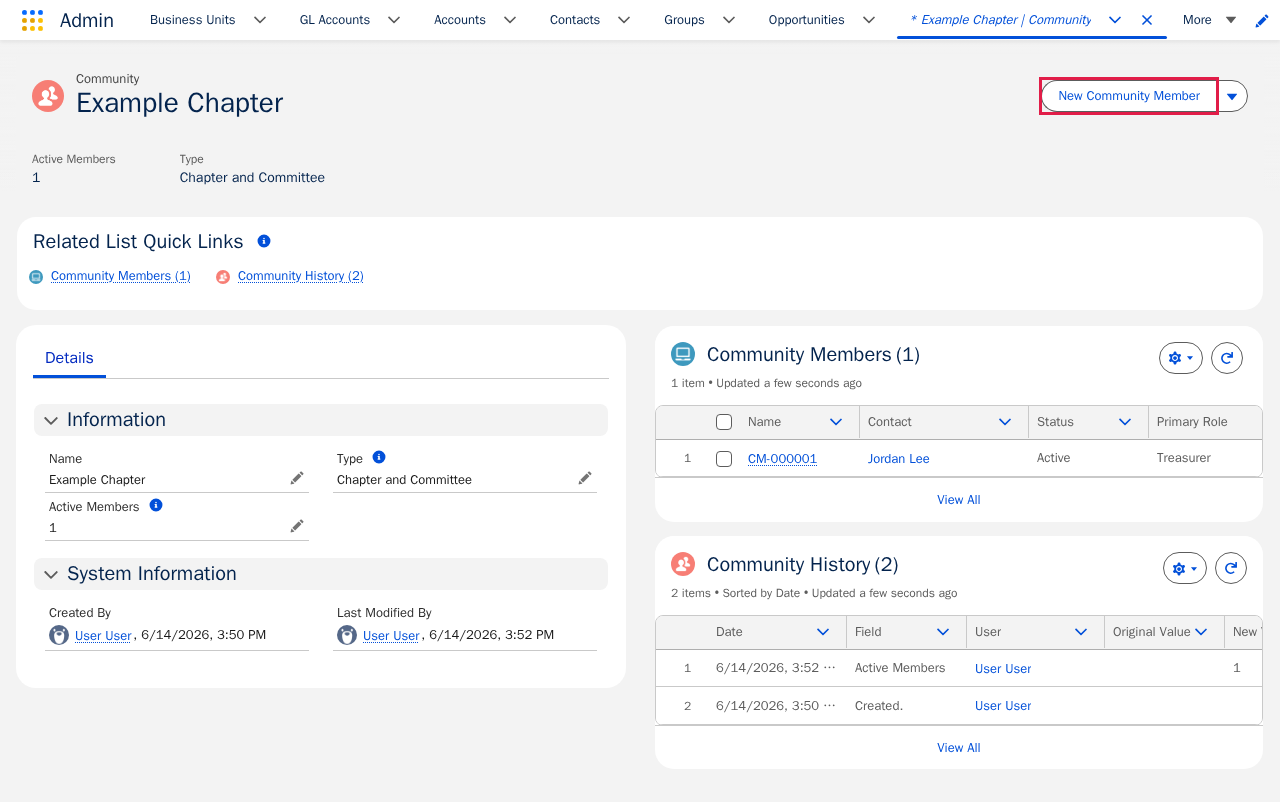 Community record page with the New Community Member action.