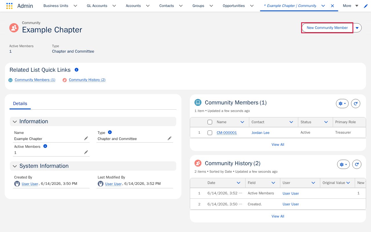 Community record page with the New Community Member action.