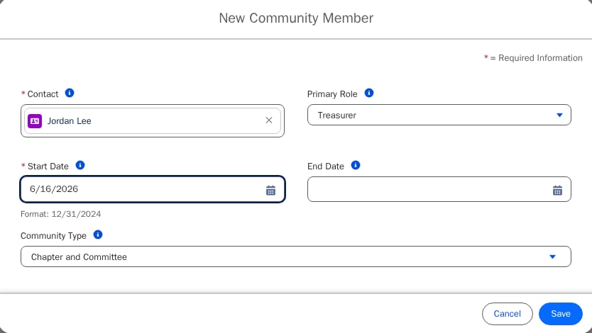 New Community Member form showing the Contact, Start Date, Primary Role, and End Date fields.