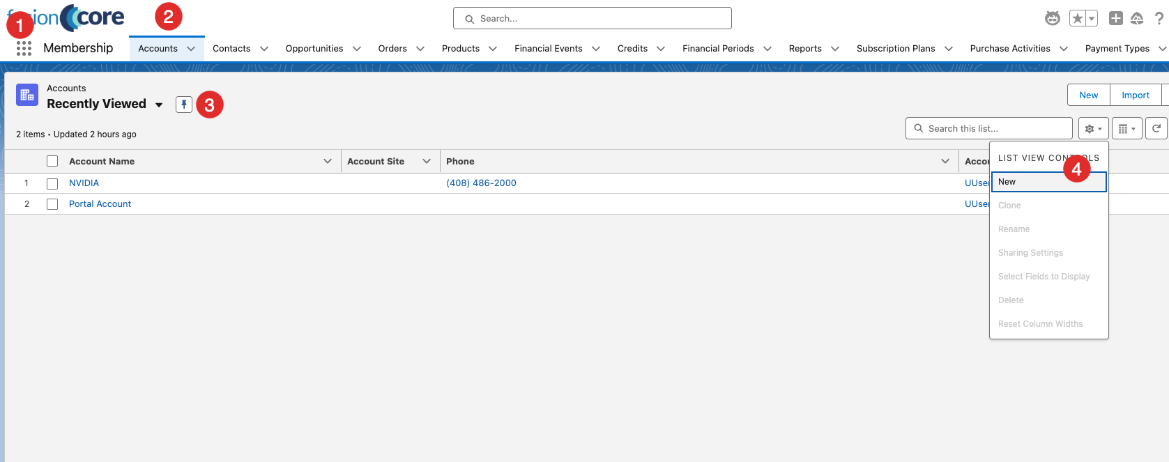 Accounts tab in the Membership app showing the list view dropdown.