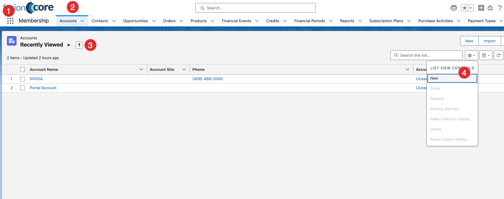 Accounts tab in the Membership app showing the list view dropdown.