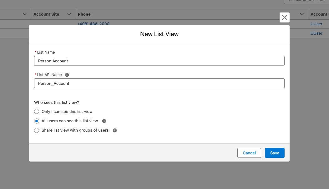 New List View dialog named Person Accounts with All users can see this list view selected.