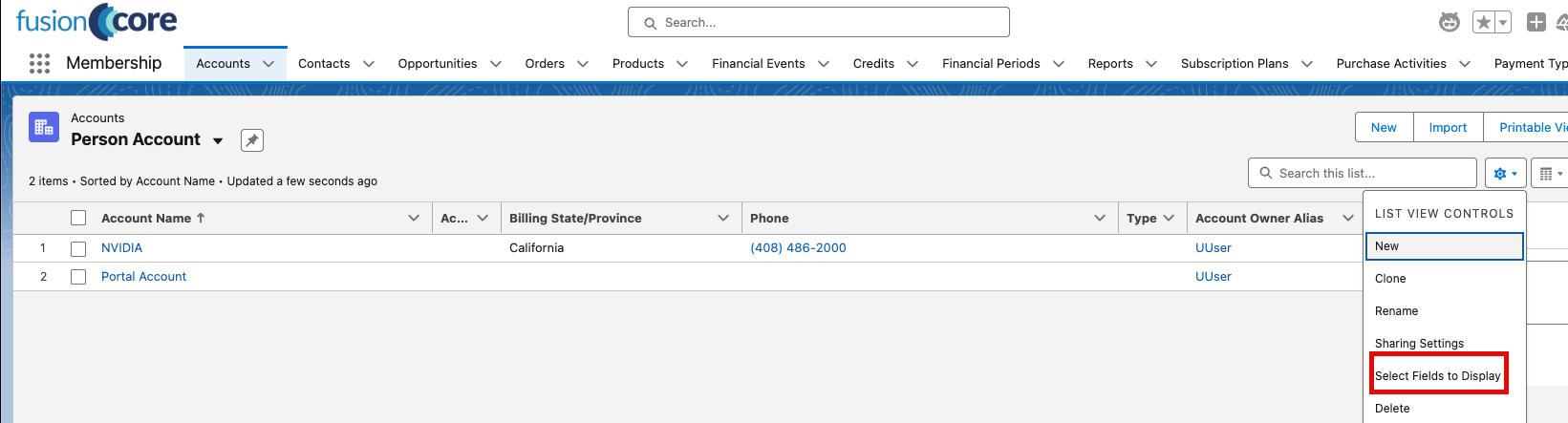 Fields to Display panel showing Account Name, Email, Phone, Billing City, Billing State, and Customer Type selected.