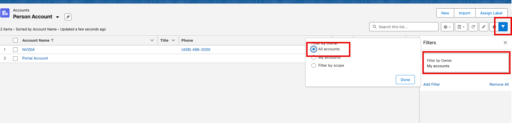 Filter panel showing Is Person Account equals True.