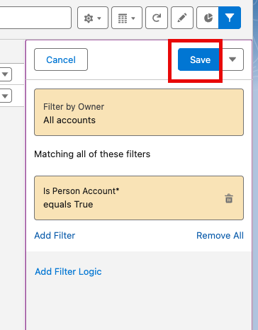 List view with the Person Accounts filter ready to save.