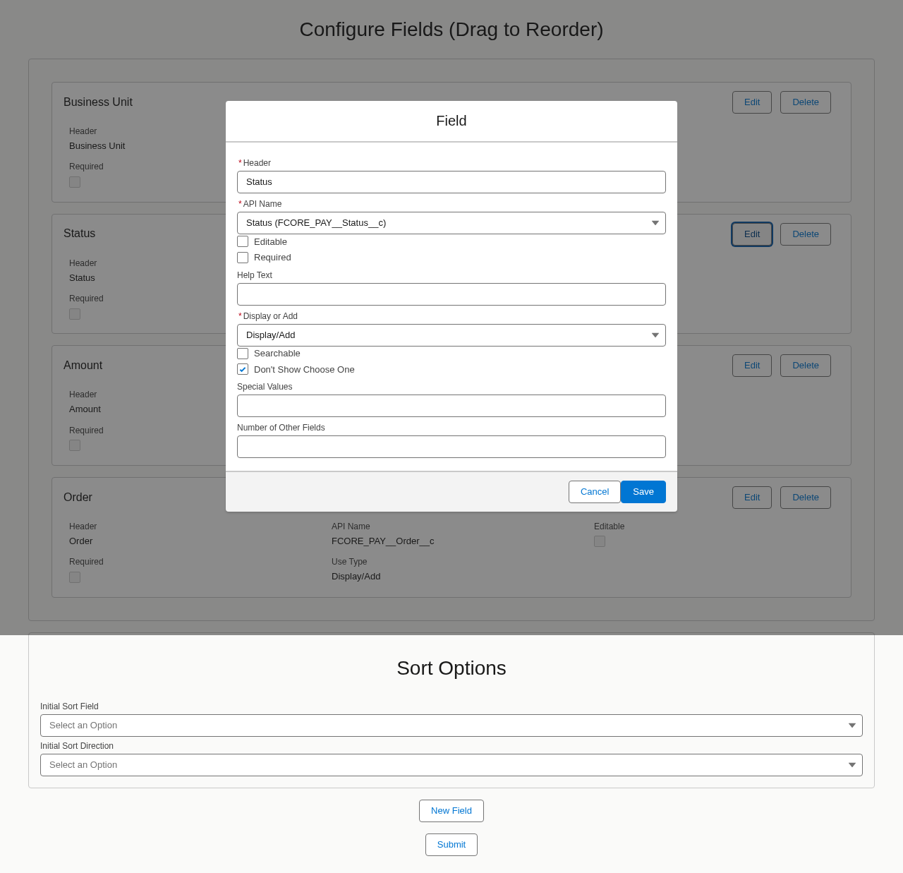 The Field modal for the Status picklist field showing Searchable, Don't Show Choose One, Special Values, and Number of Other Fields options