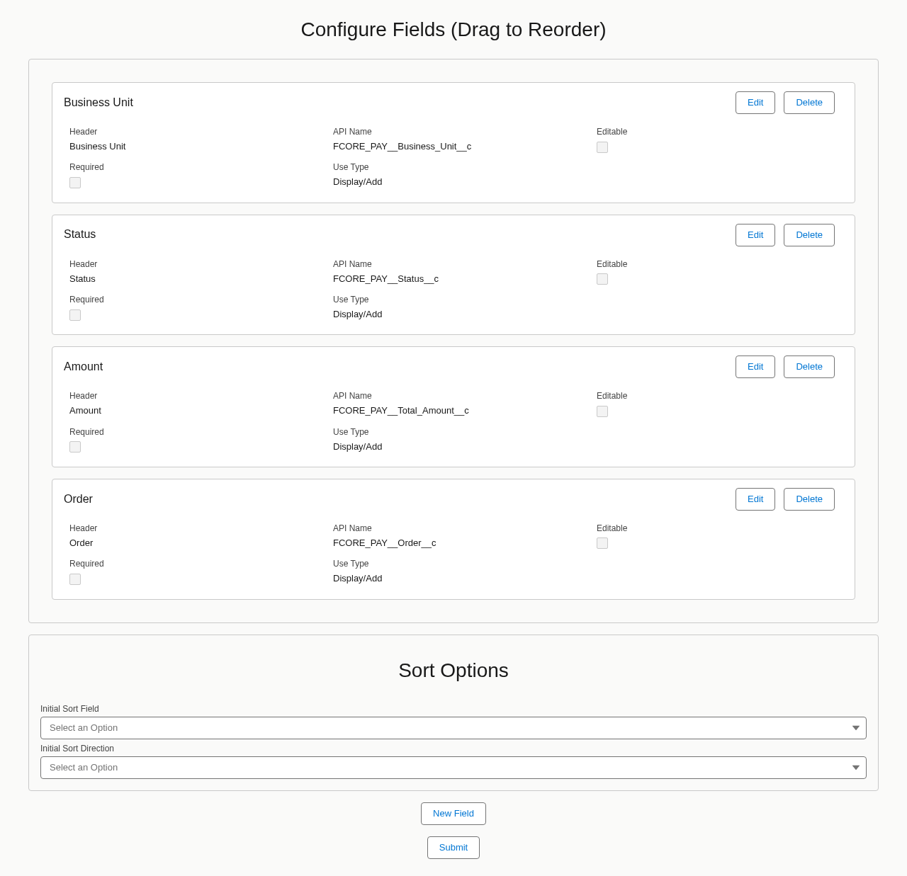 The Configure Fields screen listing Business Unit, Status, Amount, and Order fields, each with Edit and Delete buttons, plus Sort Options and New Field/Submit buttons below