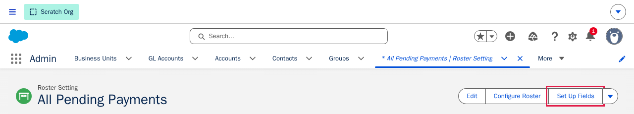 The Roster Setting record action bar with the Set Up Fields button highlighted with a red box