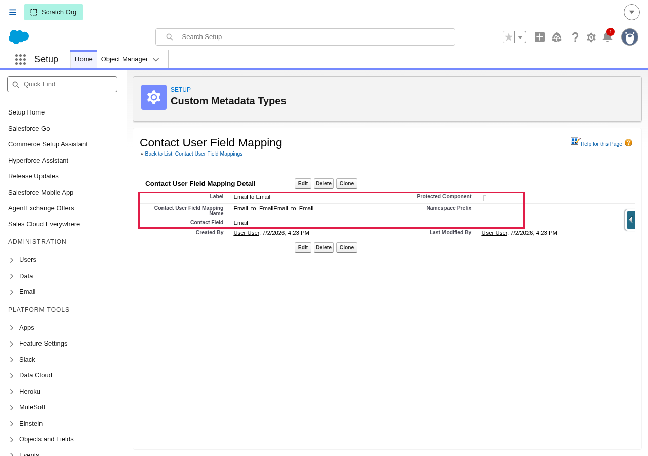 A Contact User Field Mapping record showing Label, Contact User Field Mapping Name, and Contact Field — no User Field or Is Active field is visible