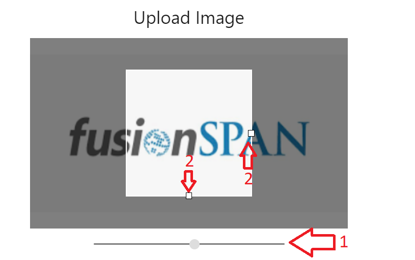 Image upload modal showing the crop box, zoom slider, and resize adjusters.