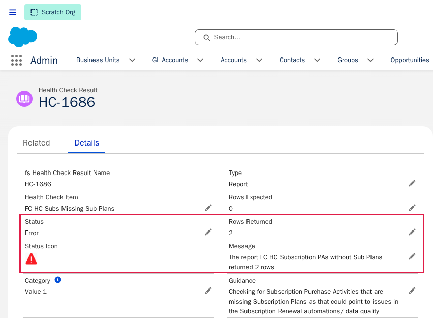 A Health Check Result record with Status, Rows Returned, and Message highlighted in a red box, showing an Error because a report returned 2 unexpected rows