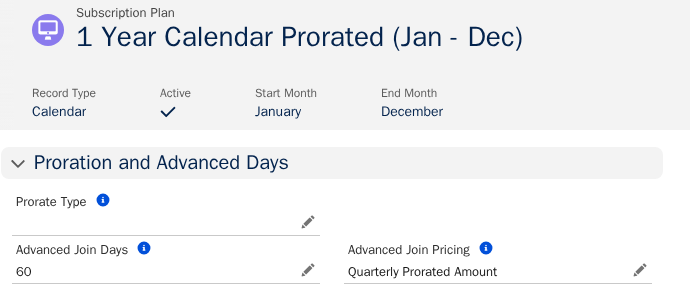 The Proration and Advanced Days section of a Calendar Subscription Plan, showing Advanced Join Days set to 60 and Advanced Join Pricing set to Quarterly Prorated Amount
