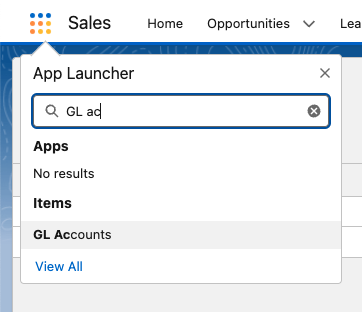 App Launcher search showing the GL Accounts result
