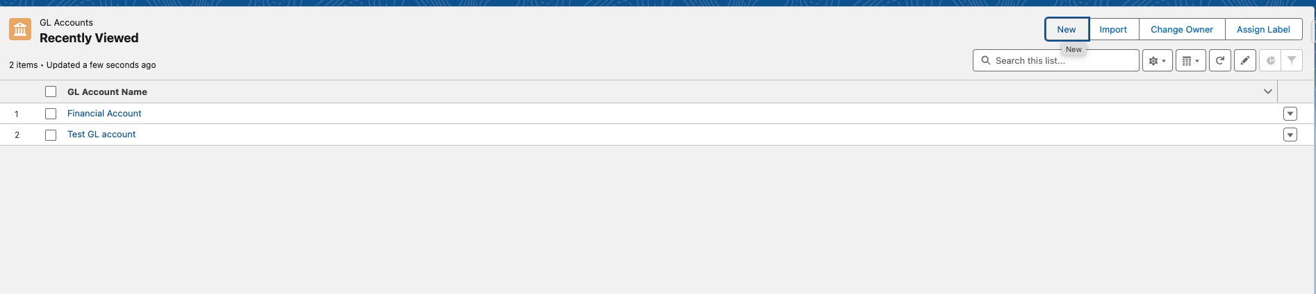 GL Accounts list view with the New button highlighted