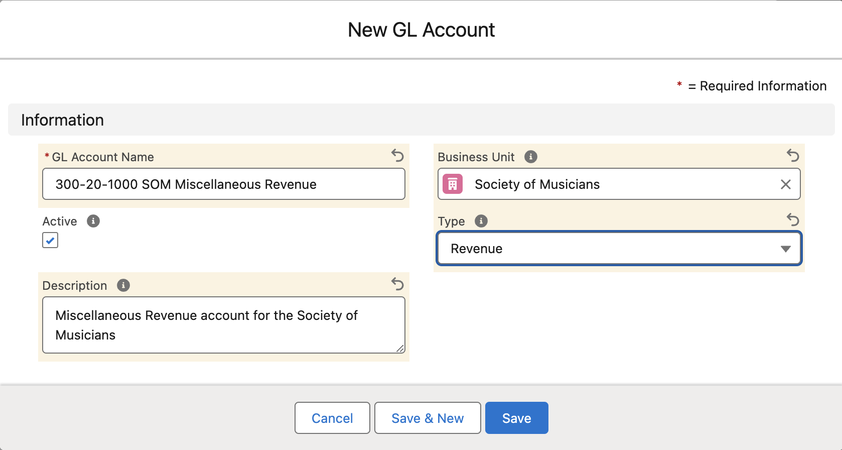 New GL Account form showing Name, Business Unit, Active, Type, and Description fields