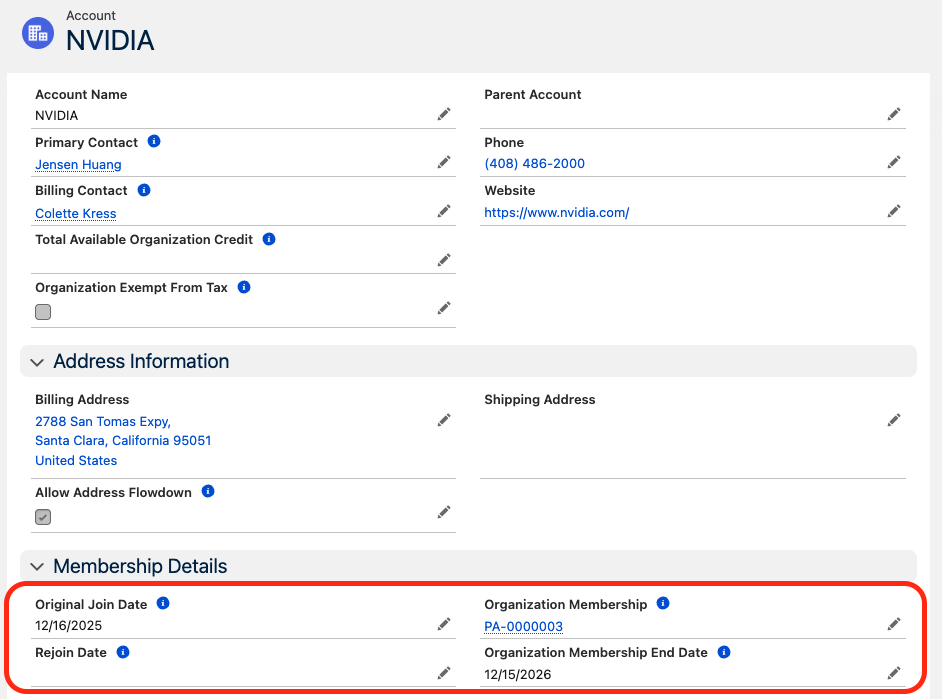 Membership fields populated on an Account record