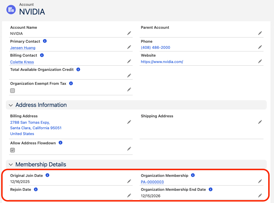 Membership fields populated on an Account record