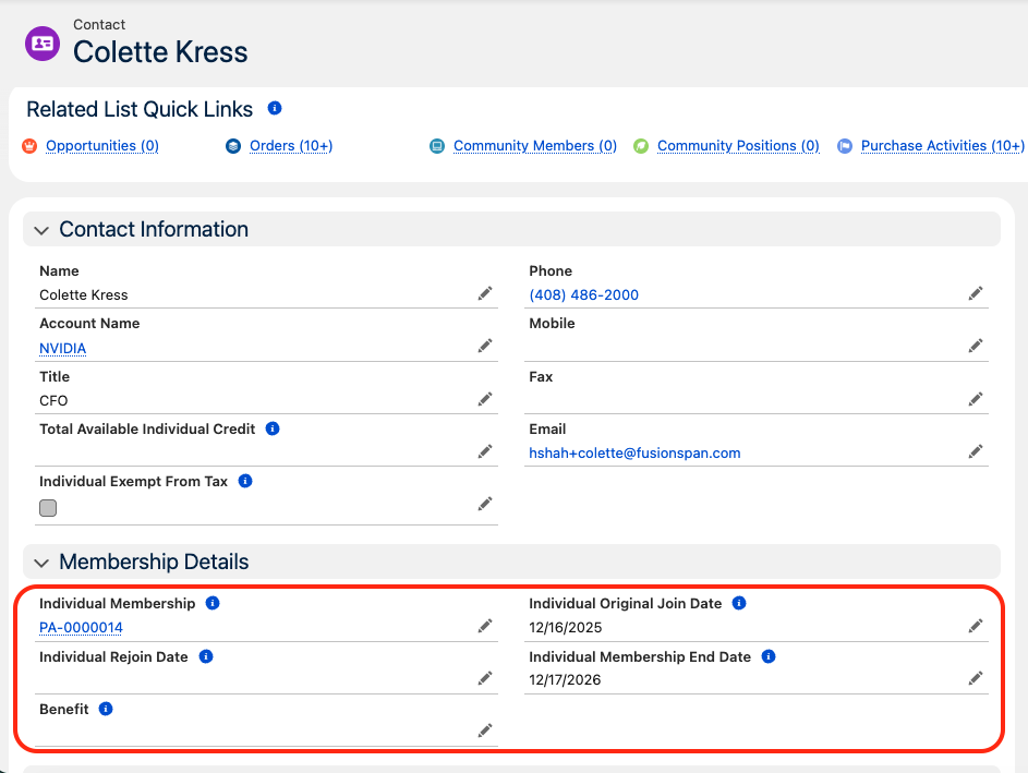 Membership fields populated on a Contact record