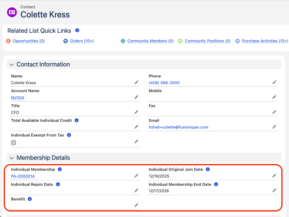 Membership fields populated on a Contact record