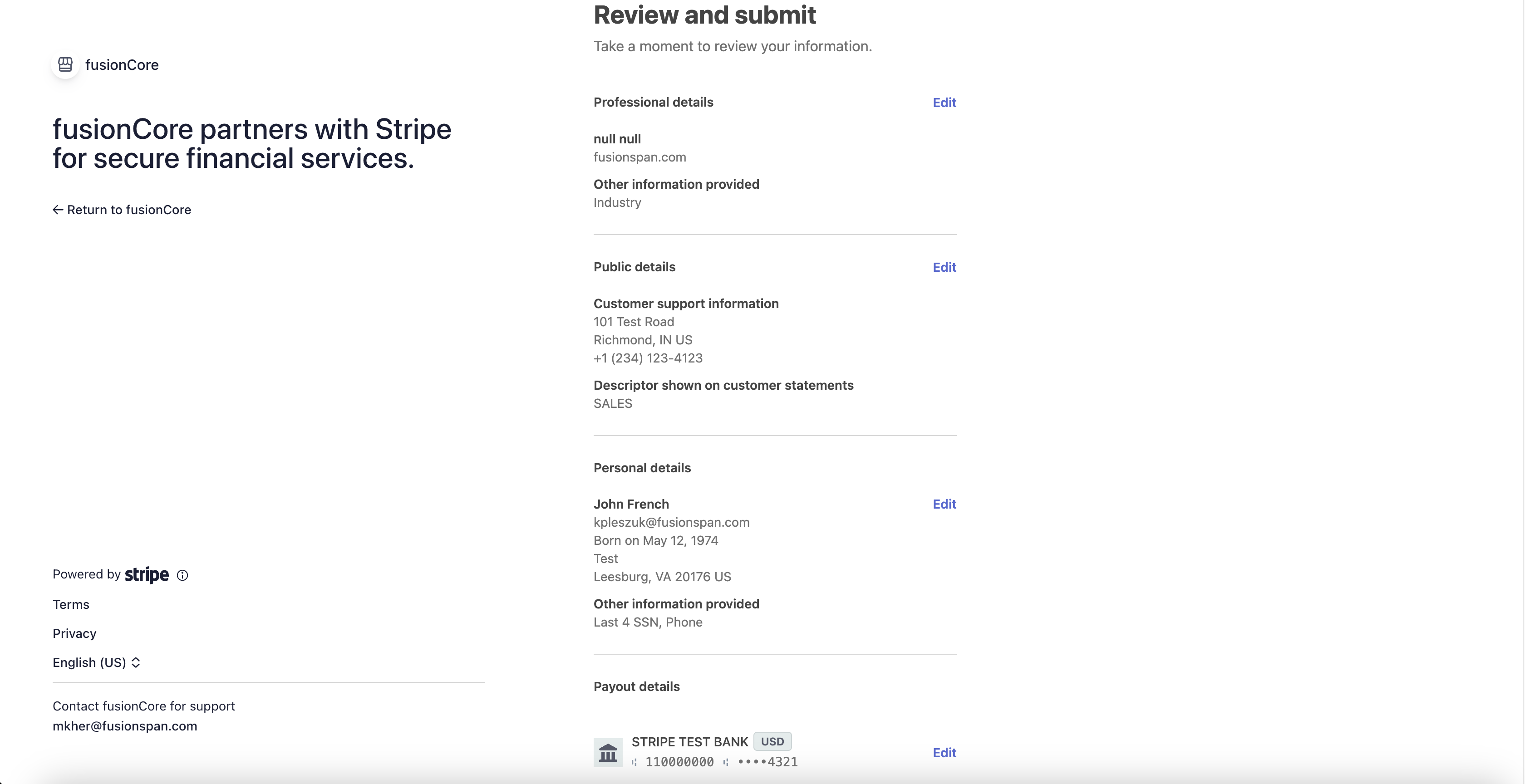Stripe financial institution information section during onboarding