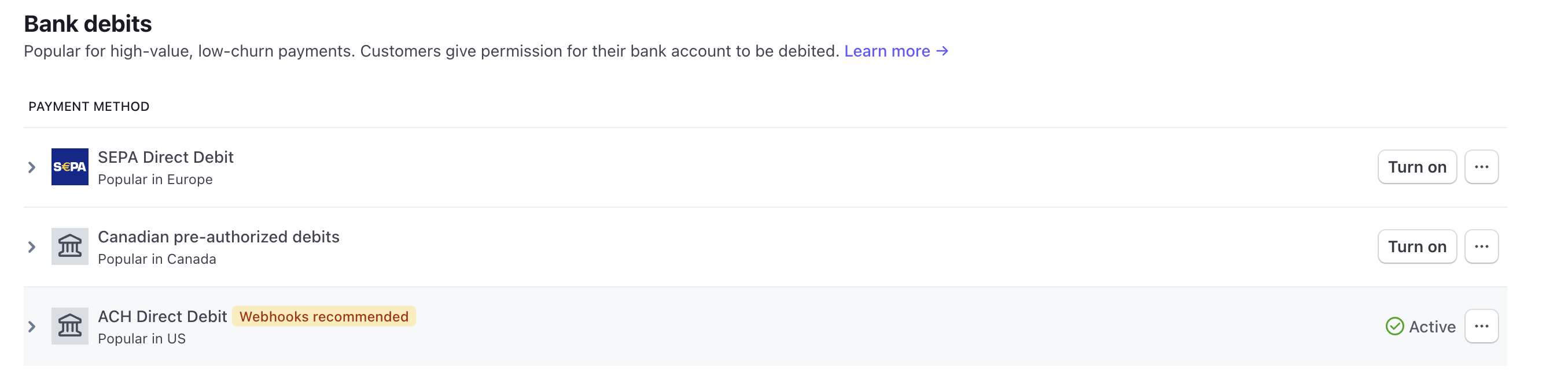 Activating the ACH payment method in Stripe