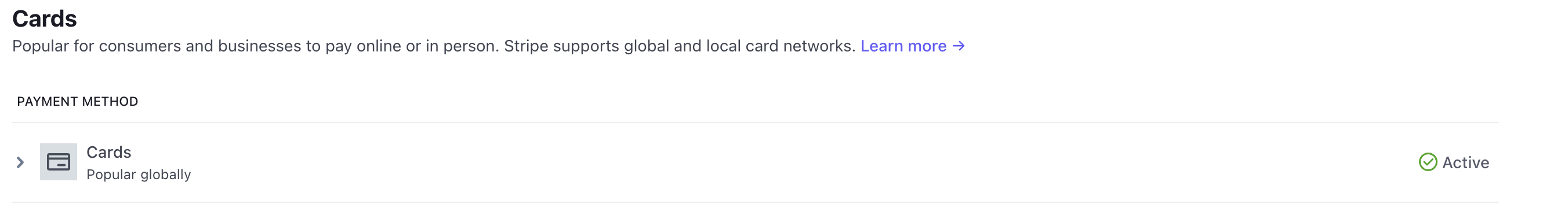 Card payment method shown as active by default in Stripe