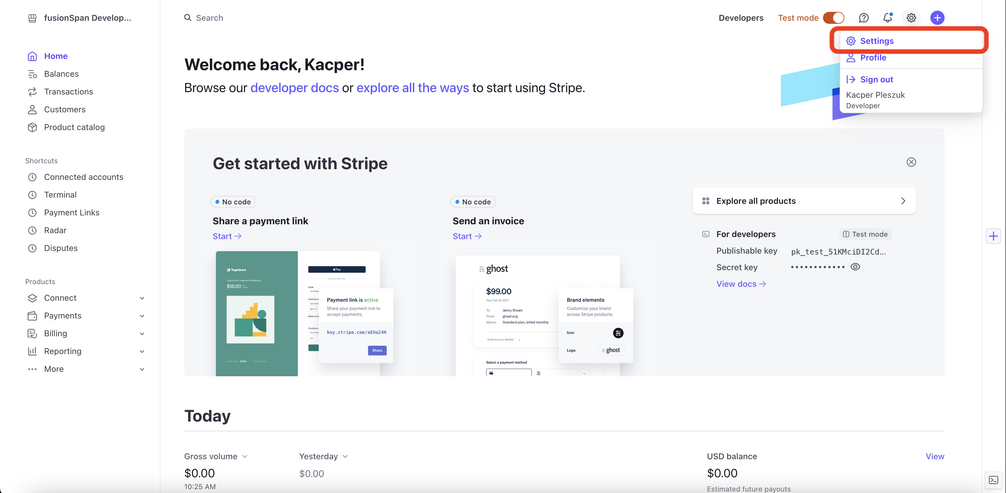 Settings link at the top right of the Stripe dashboard