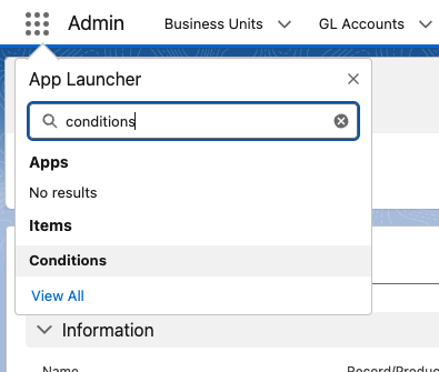 The App Launcher search box with Conditions typed in to open the Conditions app