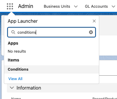 The App Launcher search box with Conditions typed in to open the Conditions app