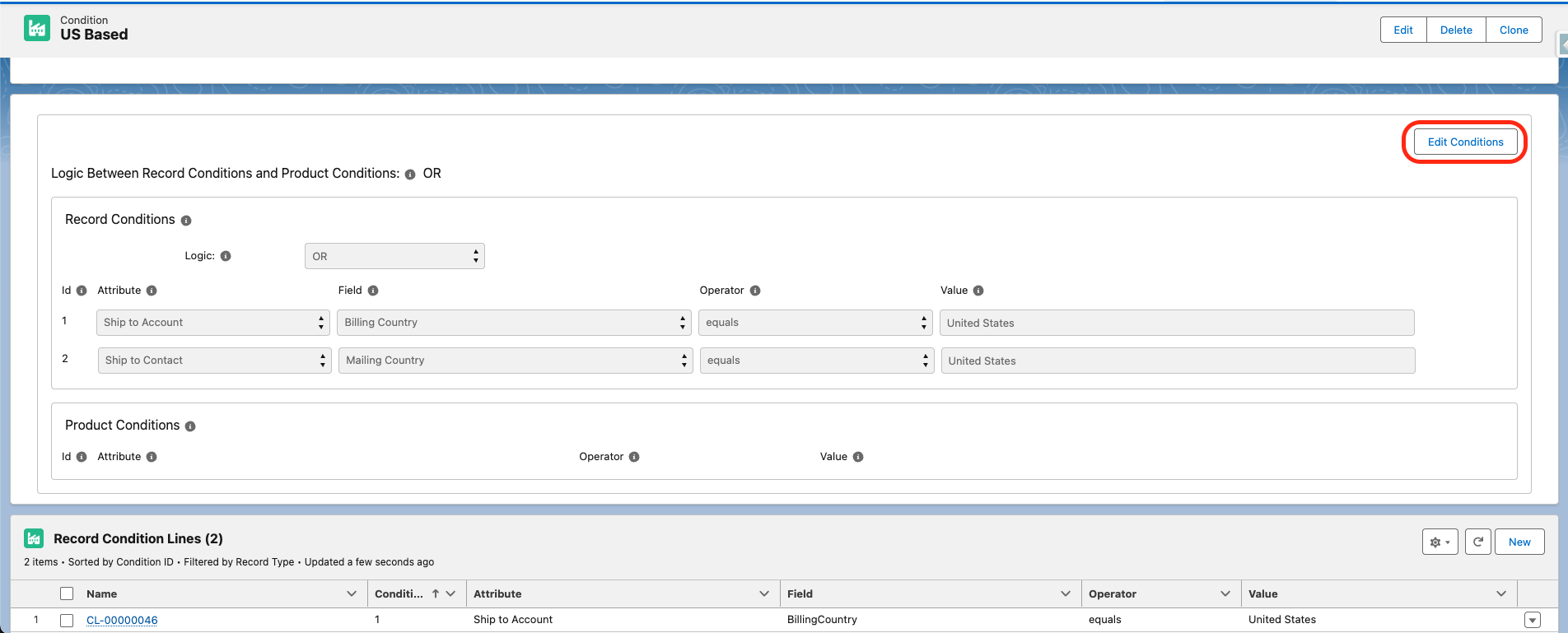 The Condition Lines component on a Condition record with the Edit Conditions button