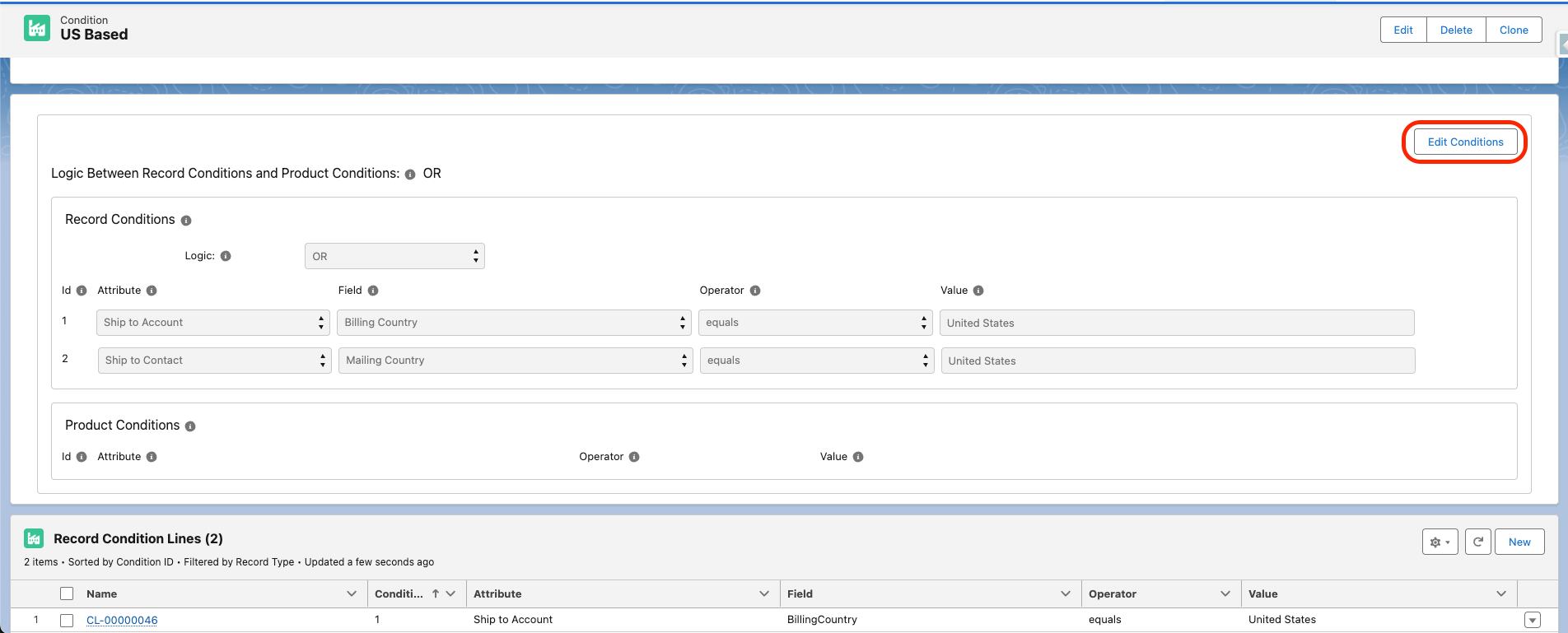 The Condition Lines component on a Condition record with the Edit Conditions button