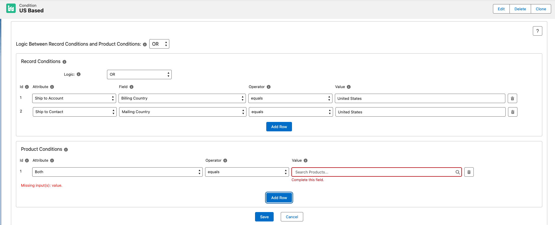 The condition line editor with Add Row buttons for Record and Product Conditions
